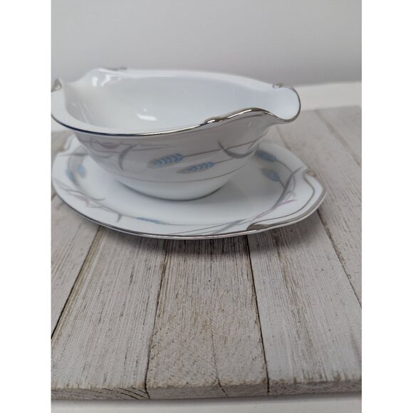 Vintage Valmont Royal Wheat Platinum Trim Gravy Boat Bowl Attached Underplate - Picture 5 of 7